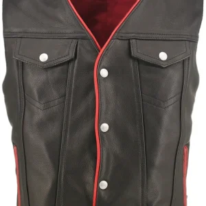 Gilet Biker Boléro en Cuir Noir Intérieur Rouge pour Homme