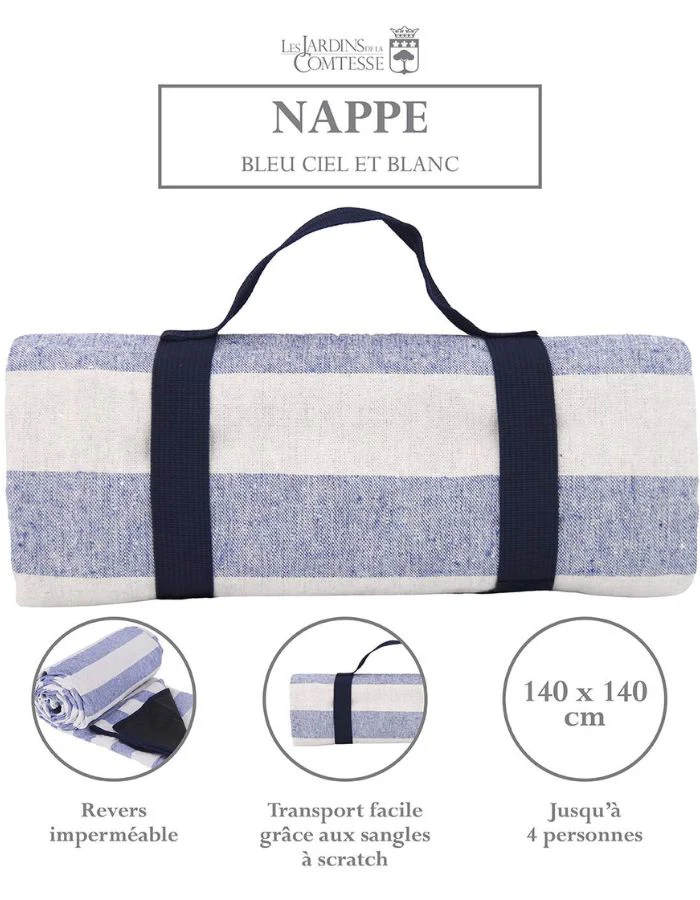 Nappe pique-nique Bleu Ciel et Blanc à revers imperméable – Image 6